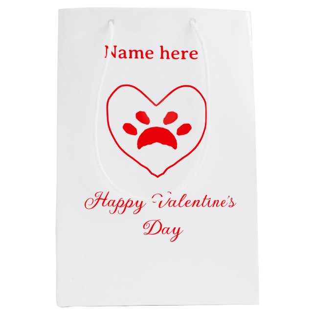 Sacola Para Presentes Média Red heart dog cat paw happy Valentine's day name  (Frente)