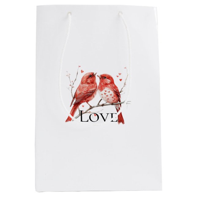 Sacola Para Presentes Média Red Hearts Love Birds (Frente)
