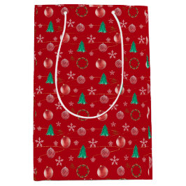 Sacola Para Presentes Média Red Ornaments & Watercolor Pines Christmas 