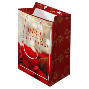 Sacola Para Presentes Média Red Poinsettias com Ouro Bokeh Natal