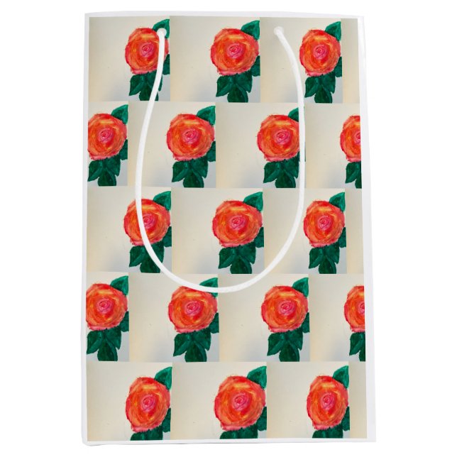 Sacola Para Presentes Média Red Rose with Green Leaves (Frente)