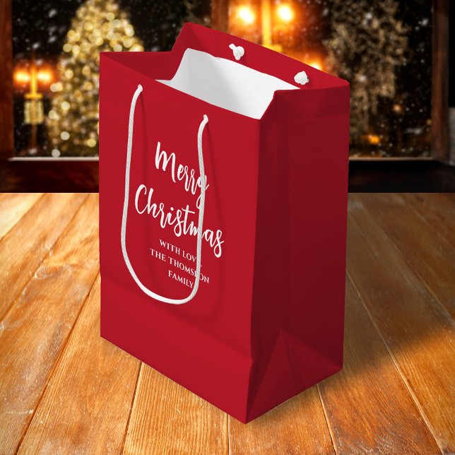 Sacola Para Presentes Média Red Simple Felry Natal Personalizado (Merry Christmas Whimsy calligraphy simple red gift bag)