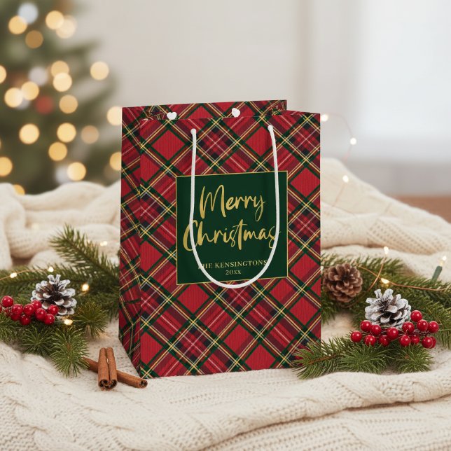 Sacola Para Presentes Média Red Tartan Xadrez Dourada Script Feliz Natal (Red Tartan Plaid Gold Script Merry Christmas Medium Gift Bag)