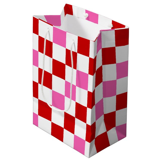 Sacola Para Presentes Média Red White Pink Checkered Pattern Design  (Frente inclinada)
