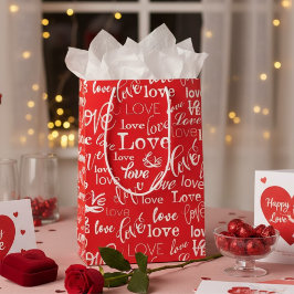 Sacola Para Presentes Média Red & White Typography "Love" Pattern Valentine's