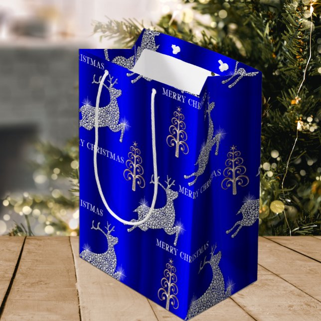 Sacola Para Presentes Média Reindeado de Diamante Estimulante Azul de Natal (Criador carregado)
