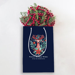 Sacola Para Presentes Média Reindeer de Natal Floral Azul Feriado Médio Gif