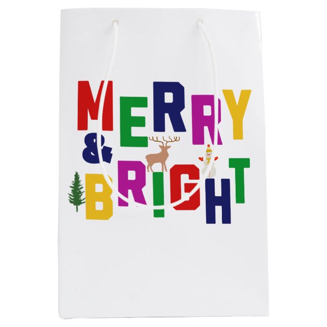 Sacola Para Presentes Média Reindeer feliz e pinheiro brilhante Snowman (Frente)