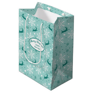 Sacola Para Presentes Média Reindeer Snowflake Teal Blue Natal Presente Médio