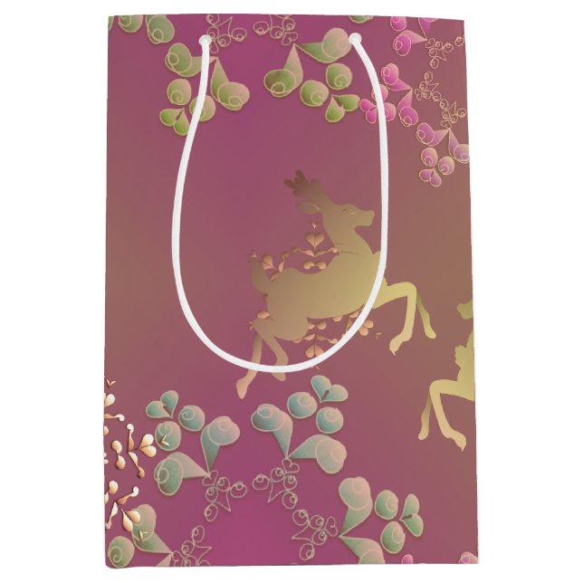 Sacola Para Presentes Média Reindeer & Snowflakes Púrpura Saco de Presente (Frente)