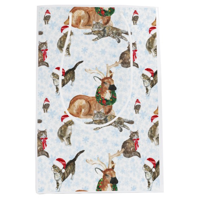 Sacola Para Presentes Média Reindeers and Kitty Cats (Frente)