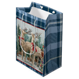 Sacola Para Presentes Média Rena de Água-forte com Xadrez Azul Rústico
