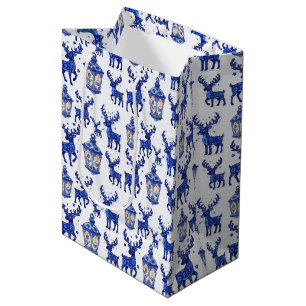 Sacola Para Presentes Média Rena de Natal e Lanterna de Natal em Azul Delft