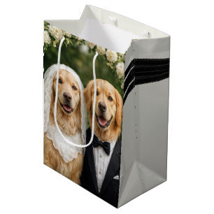 Sacola Para Presentes Média Retrato da Noiva e do Noivo Golden Retriever