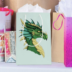 Sacola Para Presentes Média Retrato de Cabeça de Dragão Verde Esmeralda Fantas