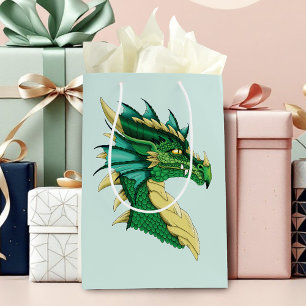 Sacola Para Presentes Média Retrato de Cabeça de Dragão Verde Esmeralda Fantas