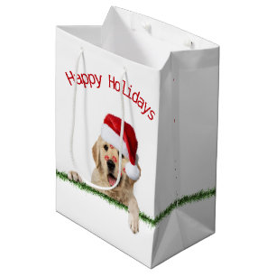 Sacola Para Presentes Média Retriever Ouro De Natal Com Brisos De Batom