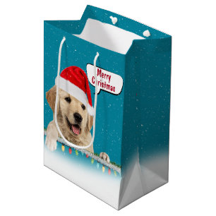 Sacola Para Presentes Média Retriever Ouro de papais noeis em flocos de neve