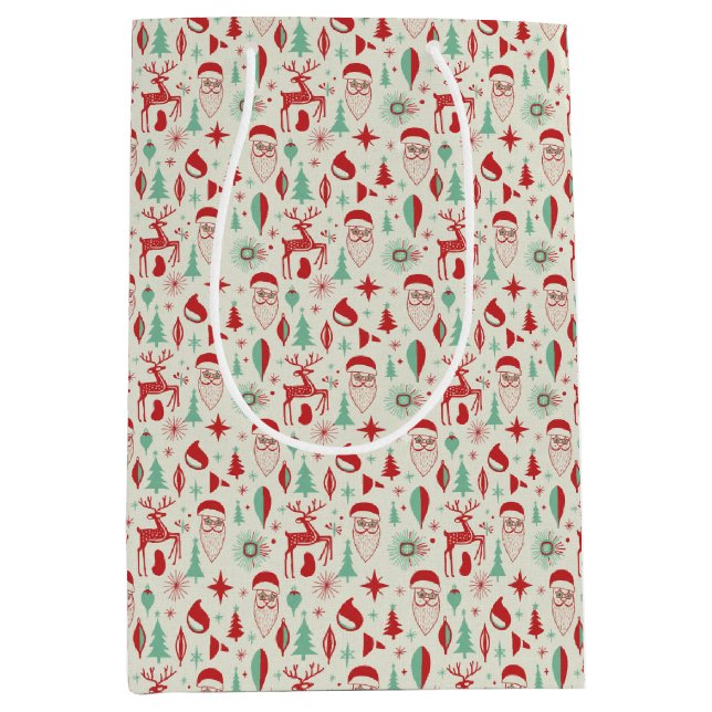 Sacola Para Presentes Média Retro 1950s Santa & Reindeer Mid-Century Christmas (Frente)