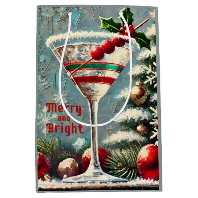 Sacola Para Presentes Média Retro 50 Cranberry Snowflake de Natal Martini (Frente)