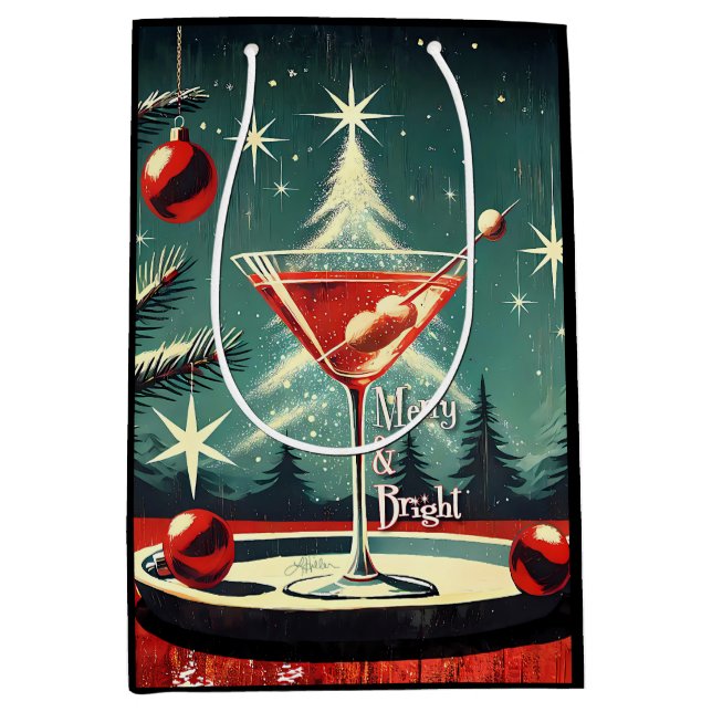 Sacola Para Presentes Média Retro 50s Snow Flurry Christmas Tree Martini (Frente)