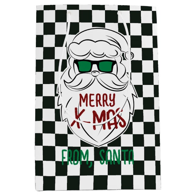Sacola Para Presentes Média Retro Black White Checkered Santa Claus Christmas  (Frente)