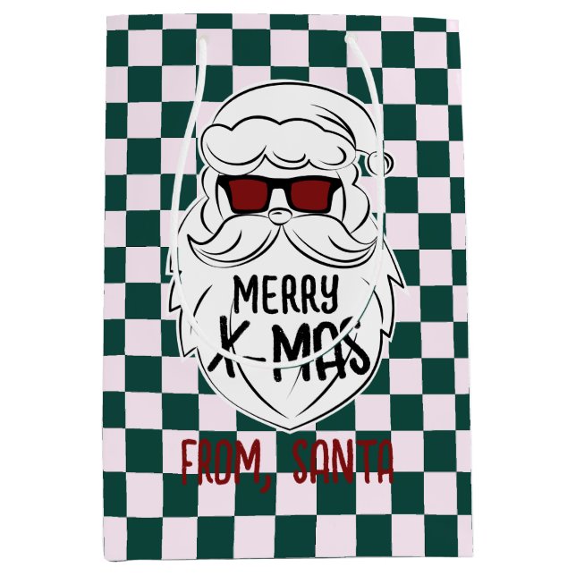 Sacola Para Presentes Média Retro Green Pink Checkered Santa Claus Christmas  (Frente)