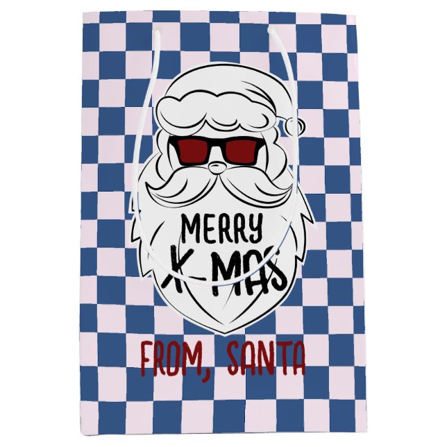 Sacola Para Presentes Média Retro Groovy Blue Checkered Santa Claus Christmas  (Frente)