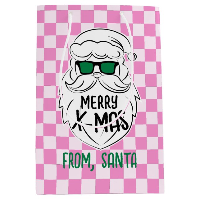 Sacola Para Presentes Média Retro Groovy Pink Checkered Santa Claus Christmas  (Frente)