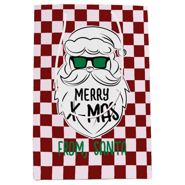 Sacola Para Presentes Média Retro Groovy Red Checkered Santa Claus Christmas  (Frente)