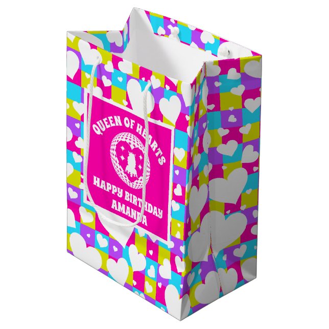 Sacola Para Presentes Média Retro Neon Queen Of Heart Festa de aniversário (Frente inclinada)