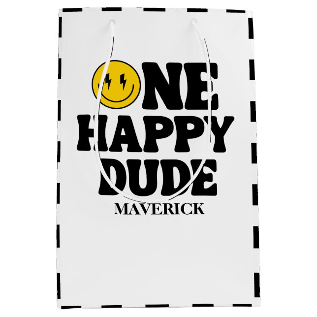 Sacola Para Presentes Média Retro One Happy Dude Smile Face Boy 1st Birthday (Frente)