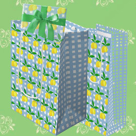 Sacola Para Presentes Média Retro Preppy Style Yellow Lemons Blue White Check