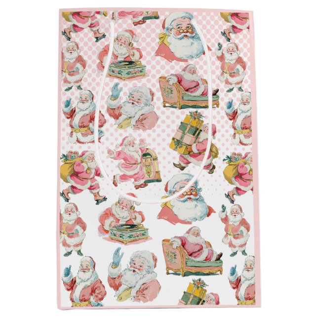 Sacola Para Presentes Média Retrô Rosa Grafado Natal Papai Noel (Frente)