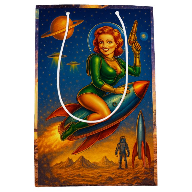 Sacola Para Presentes Média Retro Space Pin-Up Sci-Fi Girls (Frente)