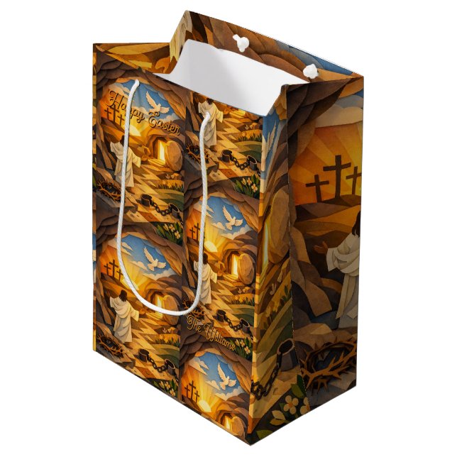 Sacola Para Presentes Média Risen Jesus Empty Tomb 3D Papercut Easter Gift Bag (Frente inclinada)