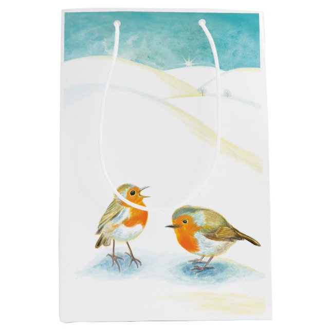 Sacola Para Presentes Média Robins vermelhos no inverno (Frente)