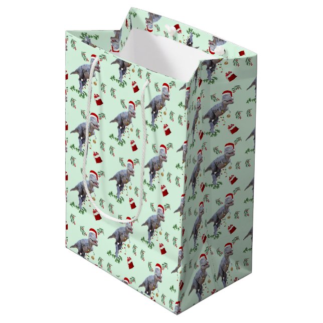 Sacola Para Presentes Média Rolha de Papel de Moldagem de Natal do Dinossauro (Frente inclinada)
