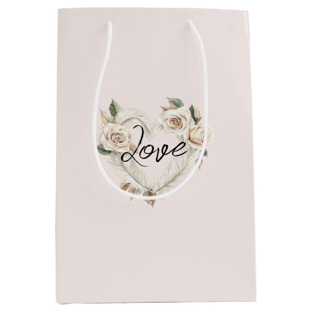 Sacola Para Presentes Média Romantic Blush Roses Feathers Heart Wedding (Frente)