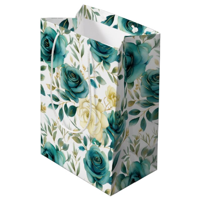 Sacola Para Presentes Média Romântica Creme Verde-Teal Rosa Floral (Verso inclinado)