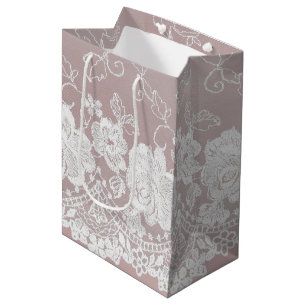 Sacola Para Presentes Média Romântica Rosa Bege Rosa Branco Renda Floral Casam
