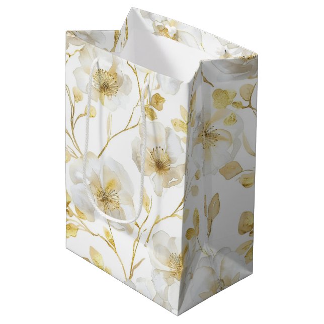 Sacola Para Presentes Média Romântico Chic Dourado Branco Floral Chá de Noiva (Frente inclinada)