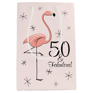 Sacola Para Presentes Média Rosa "50 do flamingo e fabulosos!" meio do saco do