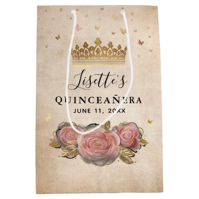 Sacola Para Presentes Média Rosa Bege Água-forte Rosa Dourado Quinceanera (Frente)