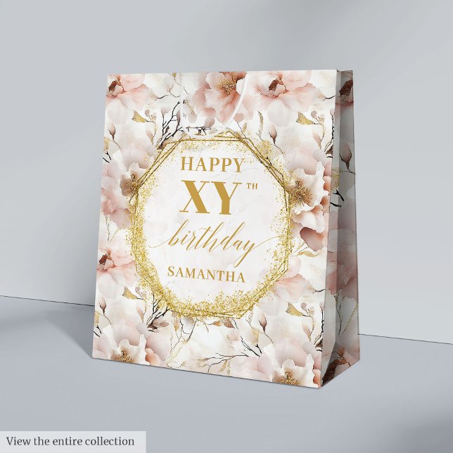 Sacola Para Presentes Média Rosa claro Cardíaca Boho Dourado Aniversário Gift  (Heartfelt Light Pink Boho Gold Birthday Gift Bag

)