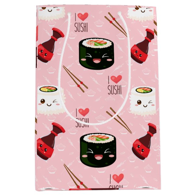 Sacola Para Presentes Média Rosa claro de padrão Kawaii Sushi (Frente)
