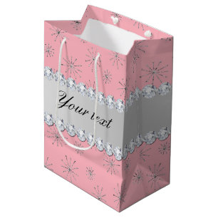 Sacola Para Presentes Média Rosa de prata chique dos flocos de neve do brilho