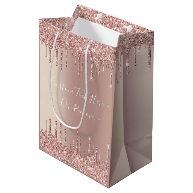 Sacola Para Presentes Média Rosa Dourada Glitter Gift Bag com Texto Personaliz (Frente inclinada)