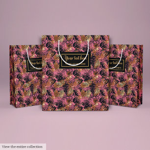 Sacola Para Presentes Média Rosa dourado abstrato leopardo aquarela