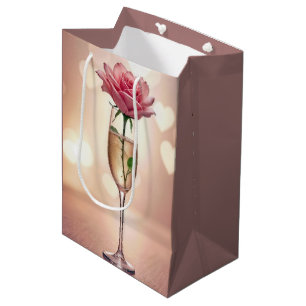 Sacola Para Presentes Média Rosa Rosa Anniversário em Taça de Champanhe